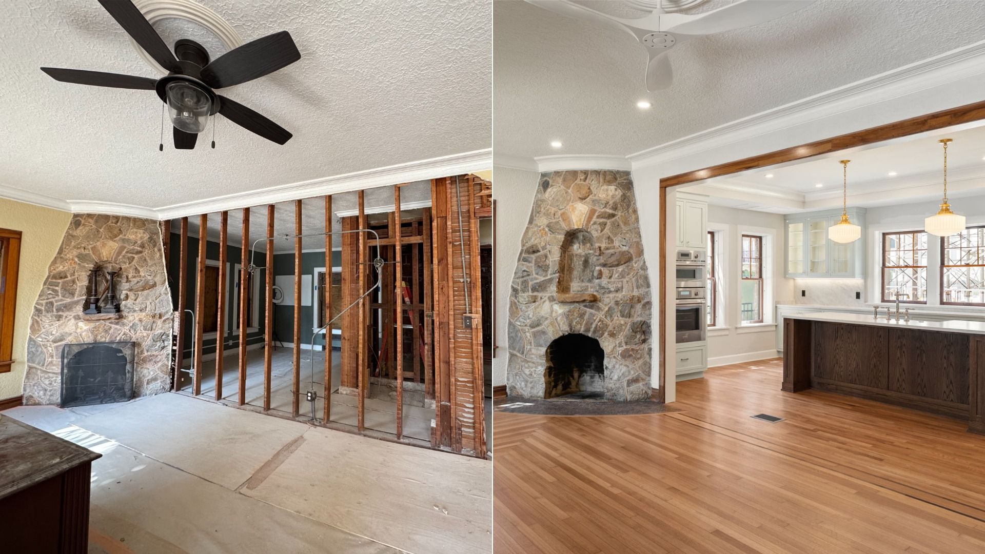 Before-and-after living room: left with exposed studs, stone fireplace, and a black ceiling fan; right with finished space, stone fireplace, white trim, hardwood floors, and kitchen island.