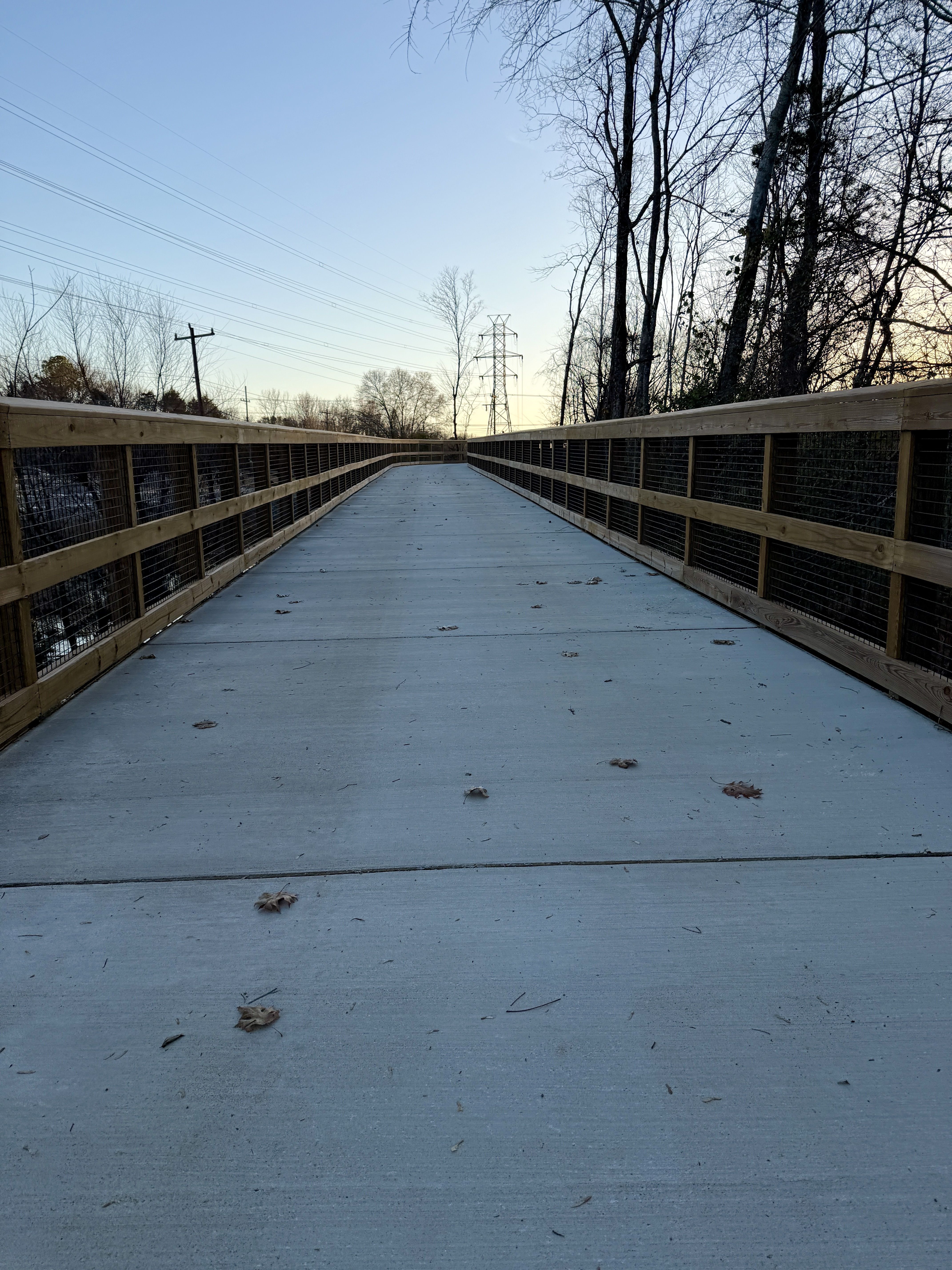 Empty concrete pathway with wooden railings on both sides, surrounded by leafless trees and power lines under a clear blue sky at sunset.