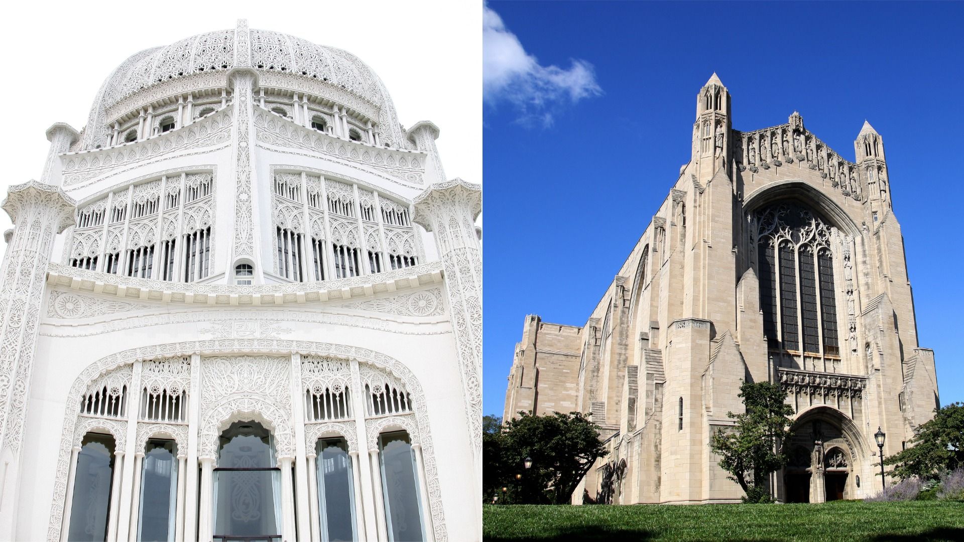 Split image of two architectural buildings: left, a white highly ornate façade with arches; right, a tall beige Gothic church with a large arched window and blue sky.