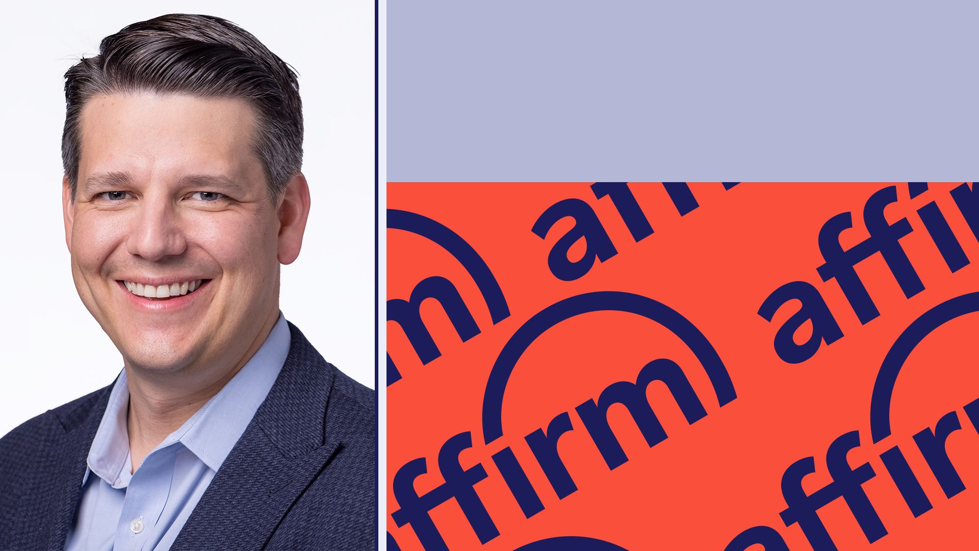 Photo illustration of Michael Linford beside the Affirm logo and abstract shapes.