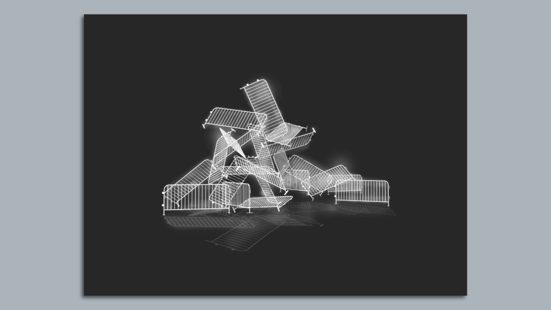 Crowd-control barricades are stacked up and bound together to create a monument to anti-government protesters. 