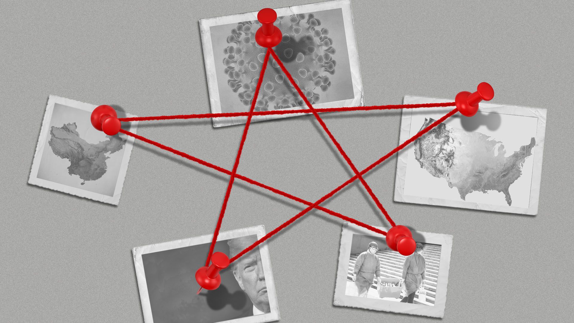 Illustration of photos including a virus, a map of the U.S. and China, President Trump, and healthcare workers in Wuhan, tacked with string in the shape of a star