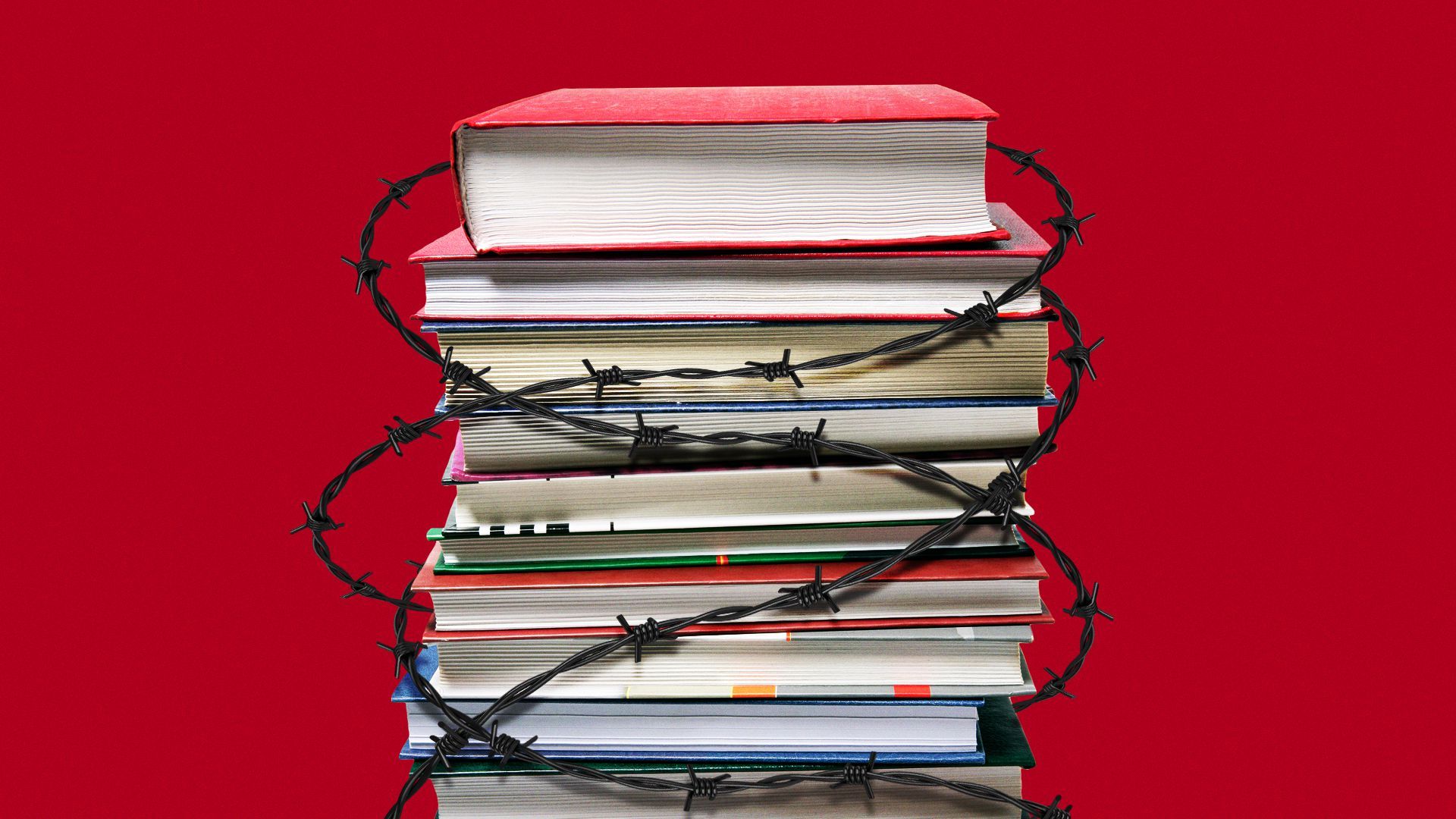 Illustration of a stack of books with barbed wire wrapped around them.