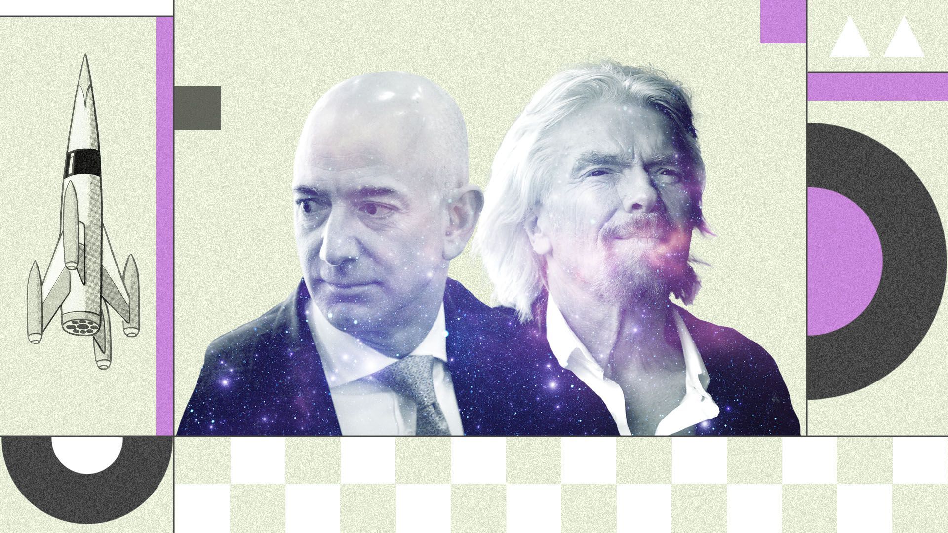 Photo illustration of Jeff Bezos and Richard Branson surrounded by shapes and a rocket