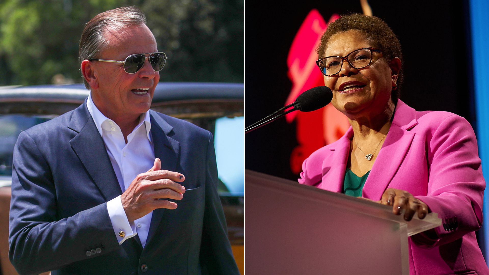 Side by side image of Rick Caruso and Karen Bass. 