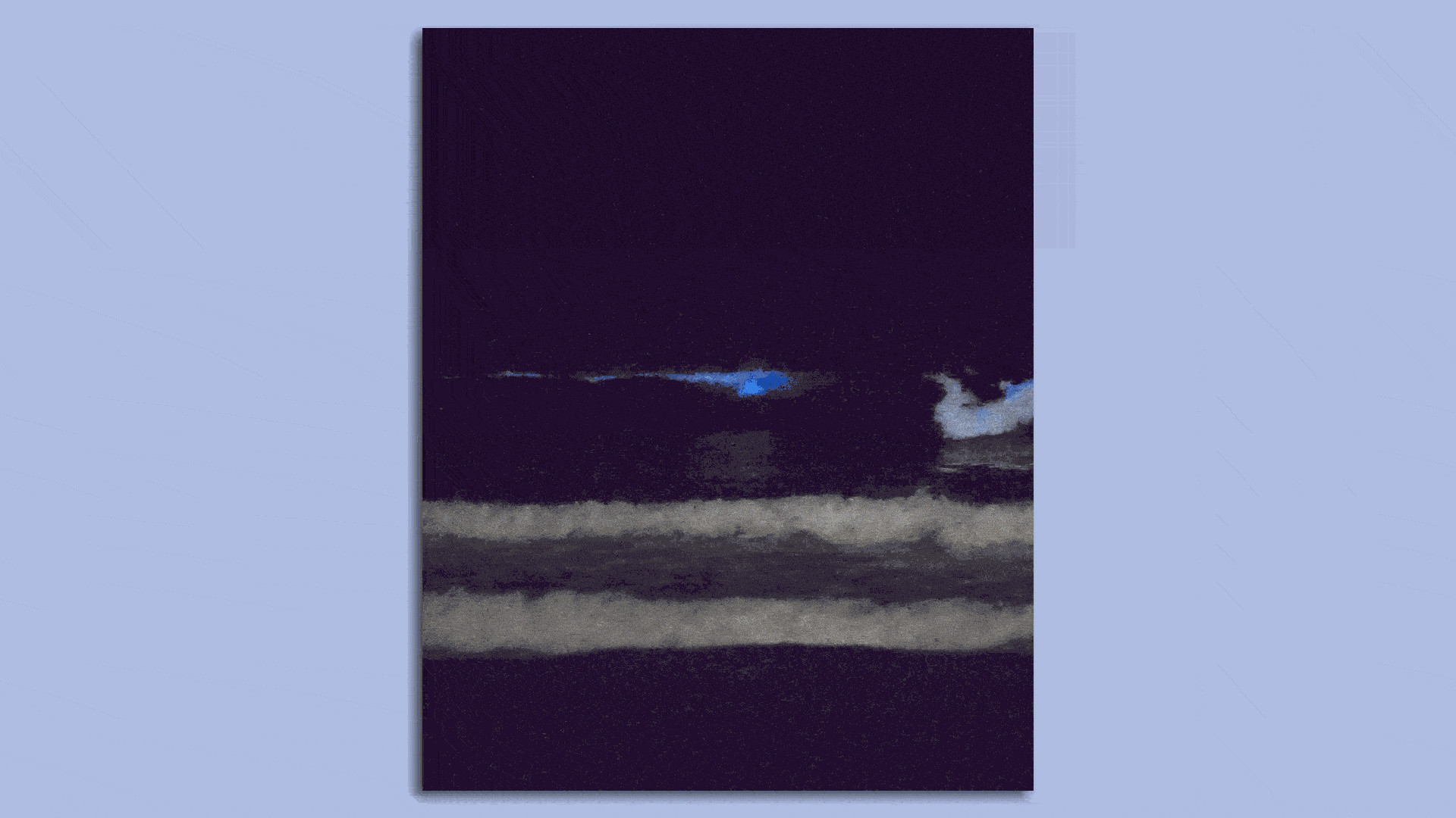 A surfer riding a glowing wave at night.