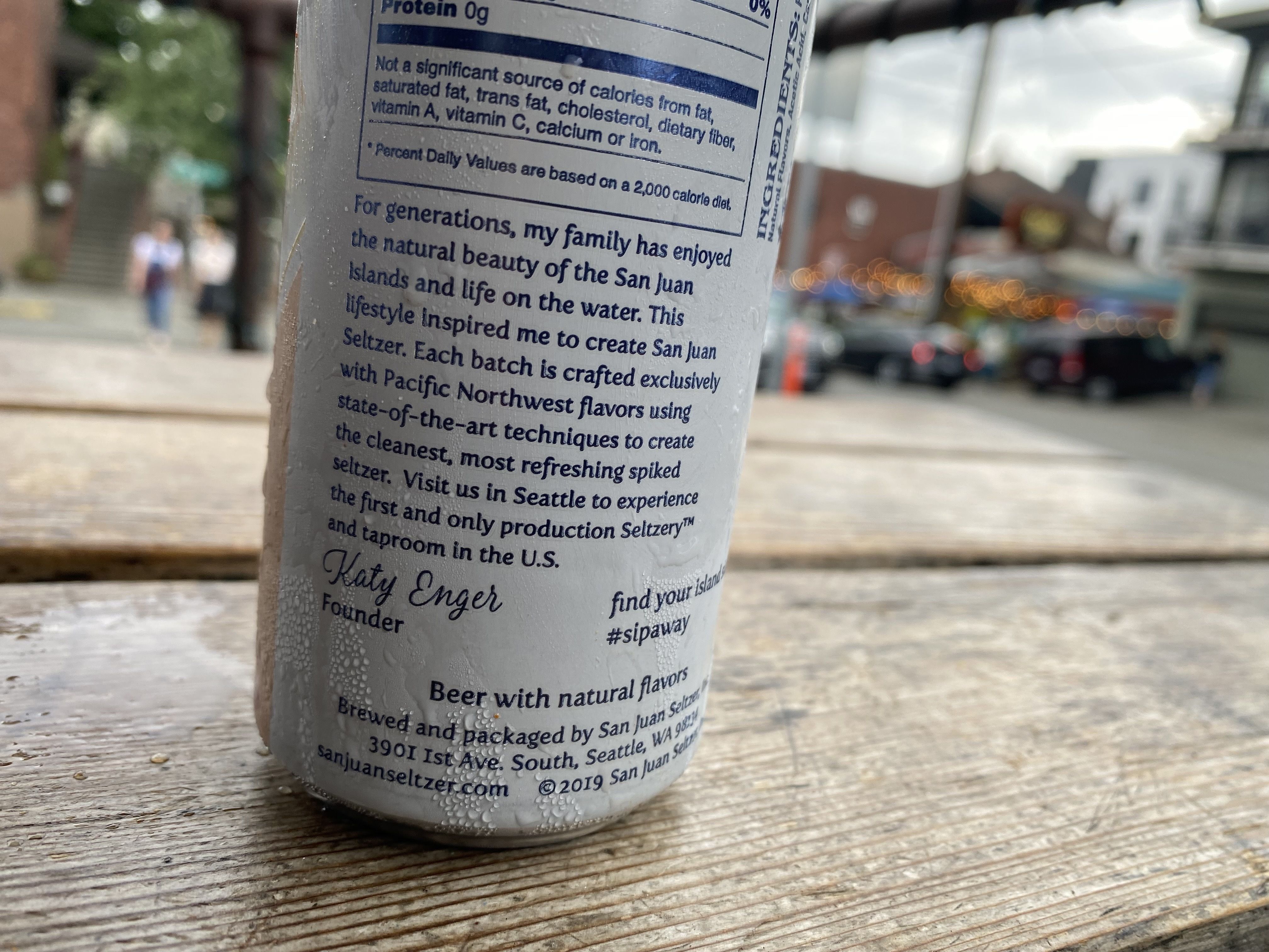 A can of seltzer that says "each batch is crafted exclusively with Pacific Northwest flavors using state of the art techniques."