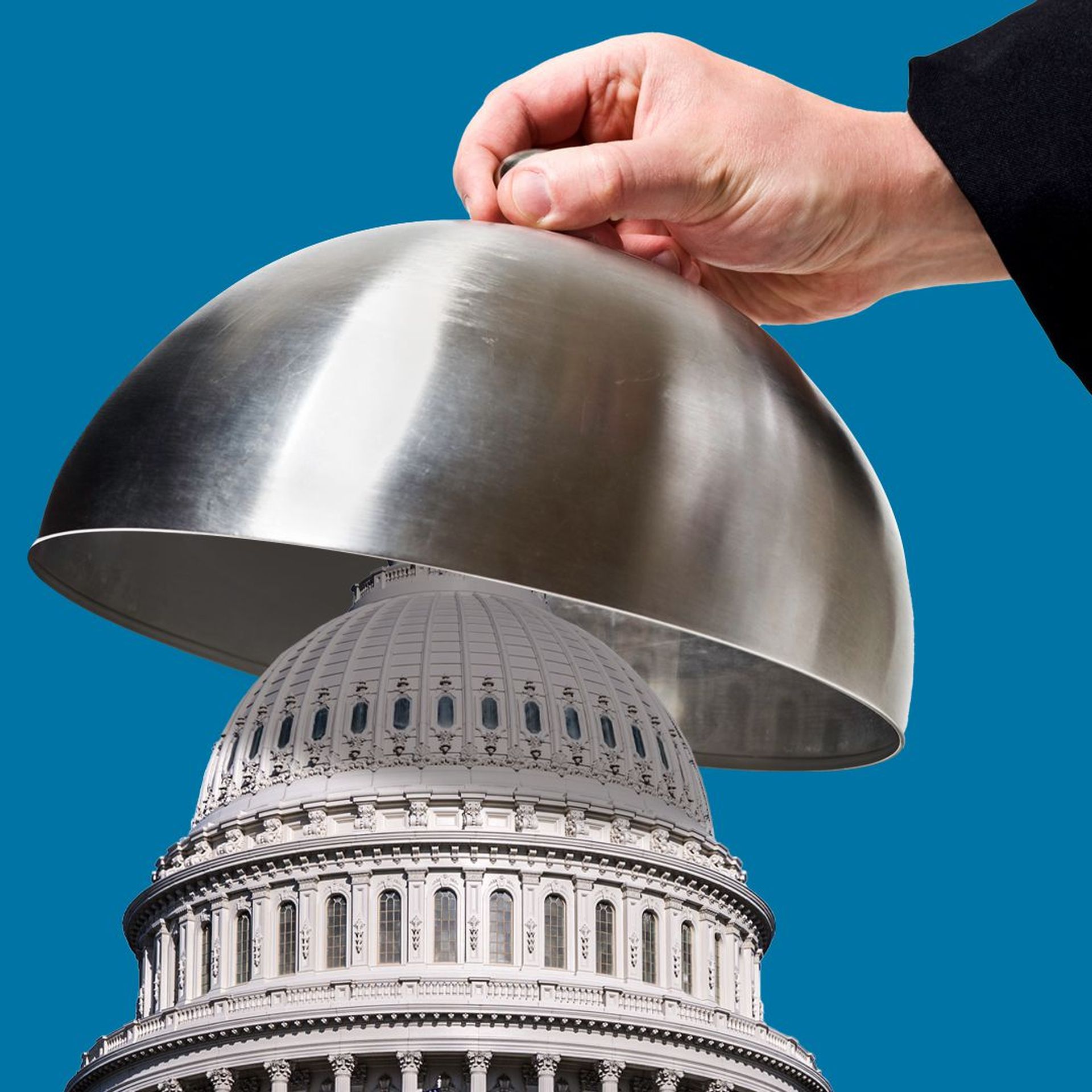 Illustration of a silver cloche being lifted to reveal the capitol building