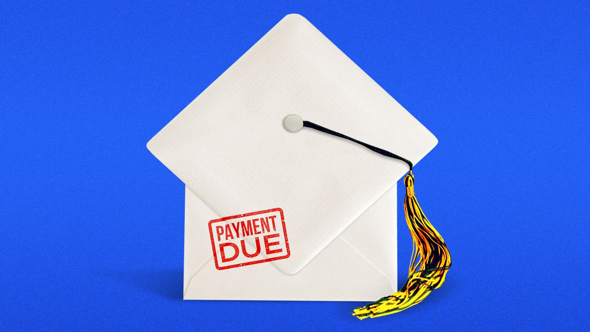 Illustration of an envelope, shaped like a graduation cap, stamped with a "payment due" notice