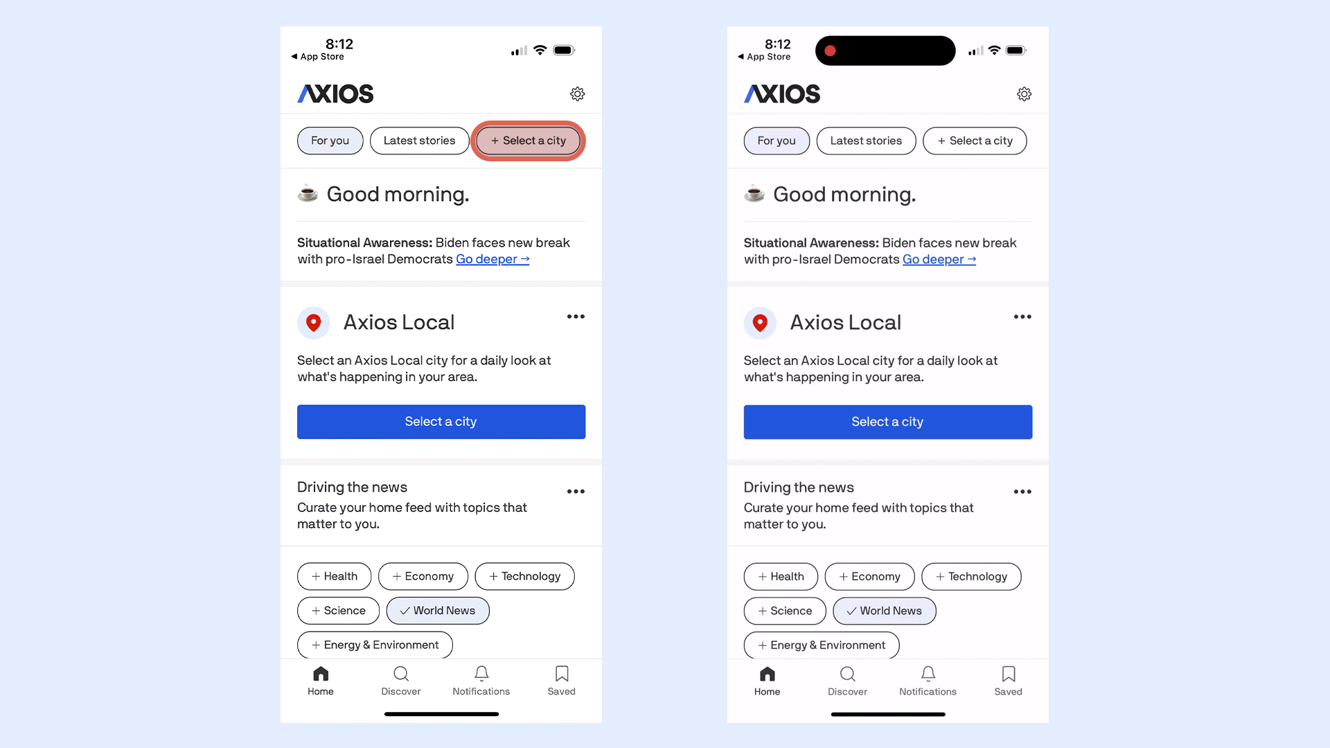 A side-by-side image of someone signing up for New Orleans news on their Axios app.