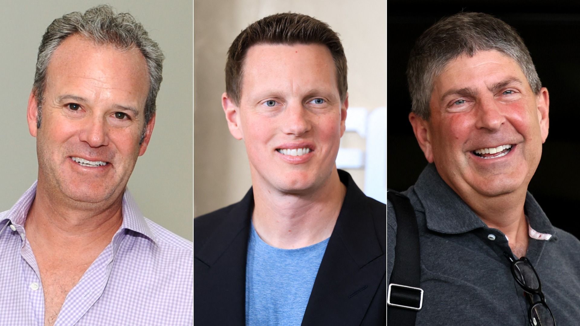 Portraits of three smiling men side by side. The left man has gray hair, a light purple checkered shirt. The center man has short brown hair, blue shirt, and black jacket. The right man has gray hair, a dark gray polo shirt, and glasses hanging.