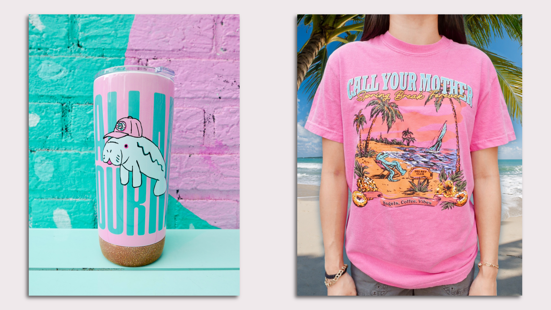 A white and green thermos with a manatee (left) and pink shirt 
