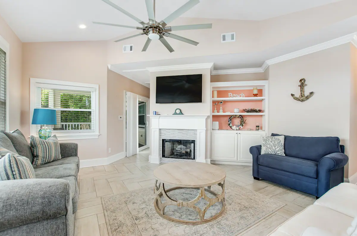 Living room area of Airbnb on Tybee Island, Georgia.