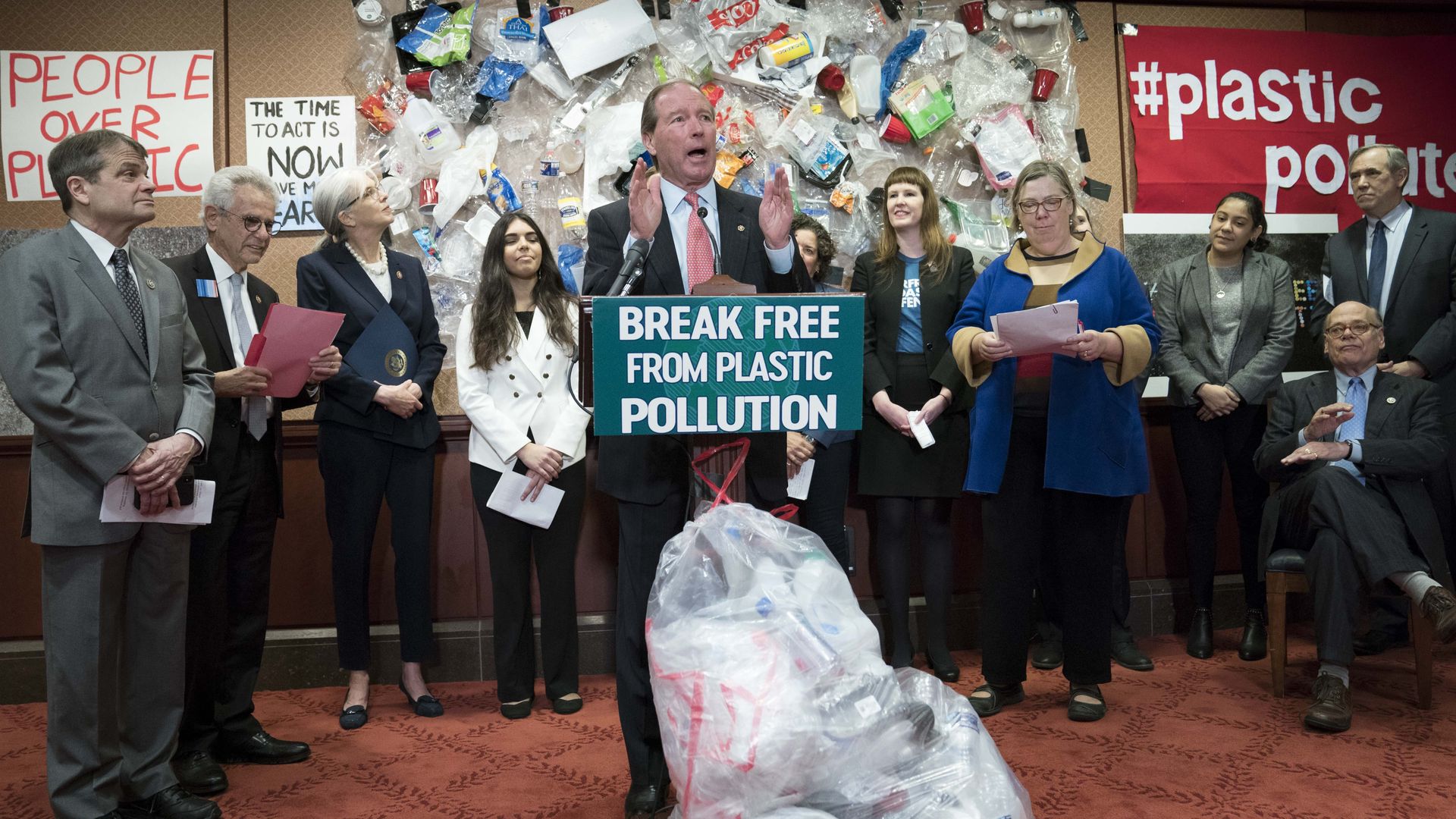 Sen. Tom Udall of New Mexico speaks during a news conference focused on plastics.