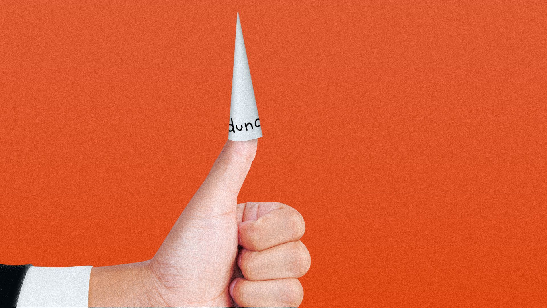 Illustration of a hand giving a thumbs up, with the thumb wearing a dunce cap. 