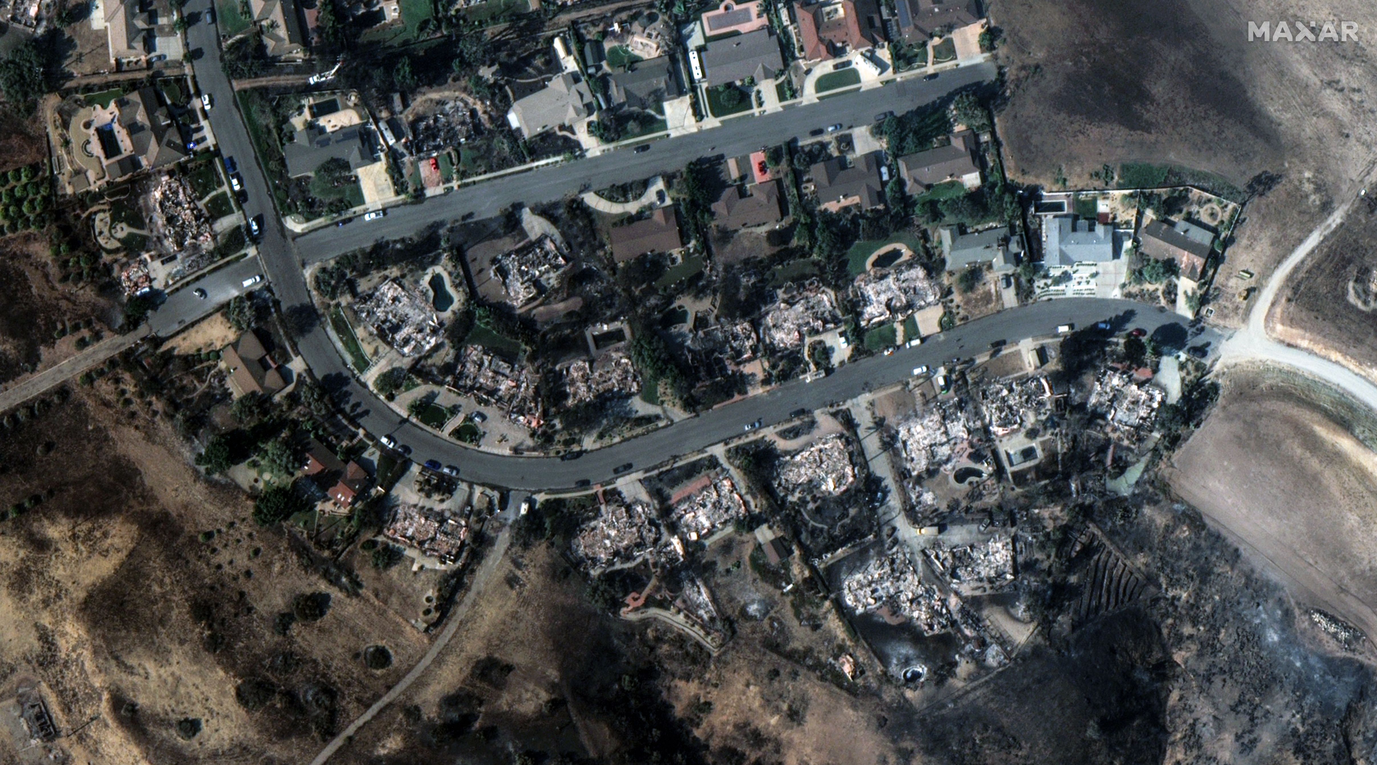 A satellite image of a series of burned homes in Camarillo, Ventura County, California.