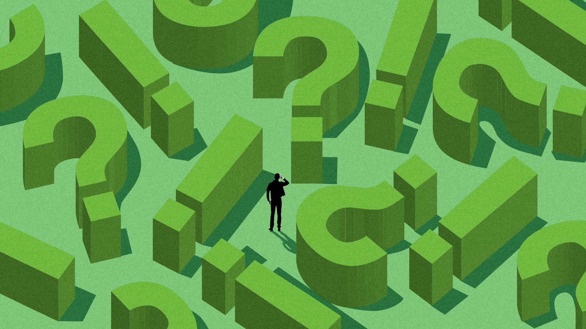 Illustration of a man in a hedge maze made up of question marks and exclamation marks.