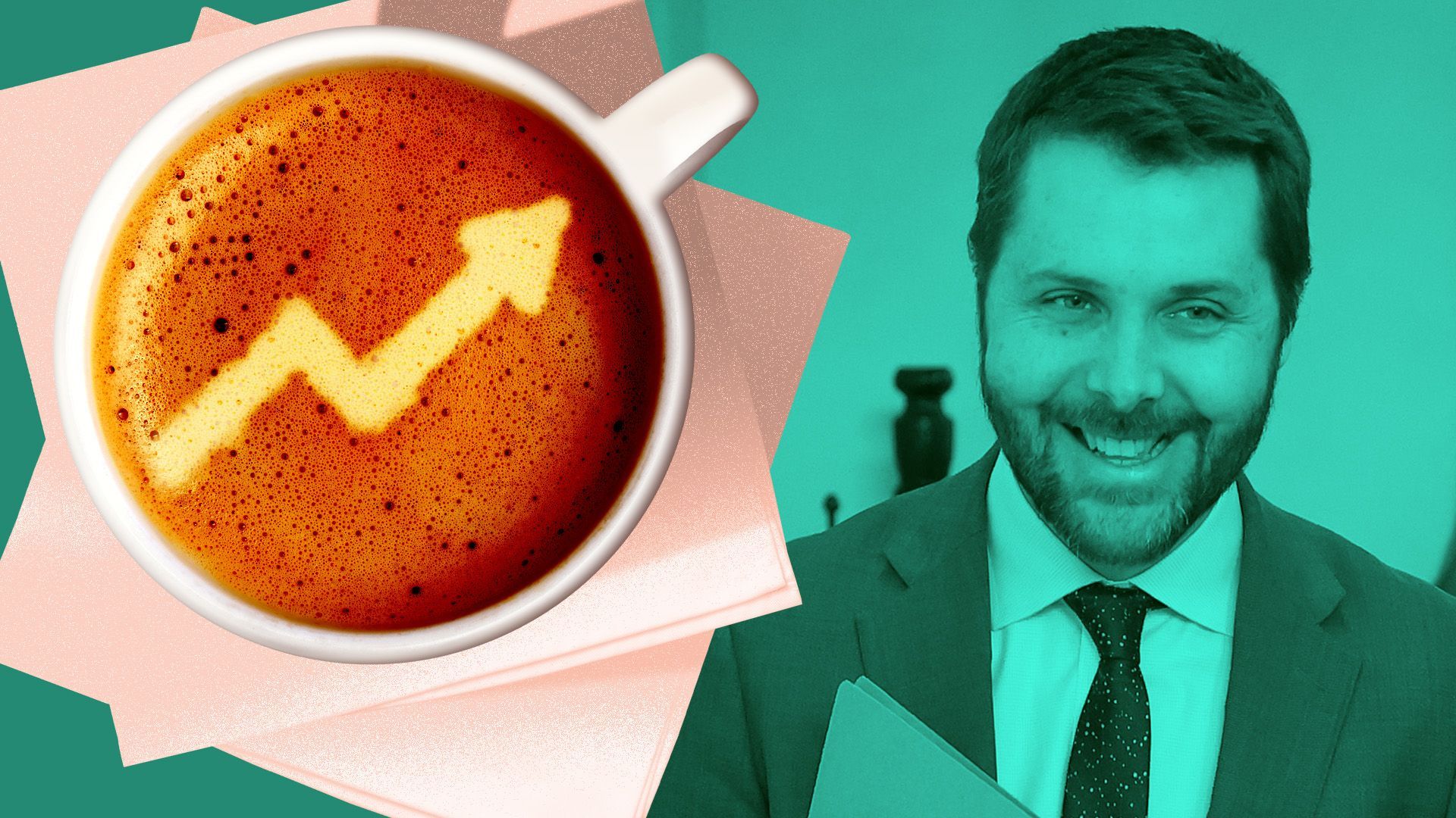 Photo illustration of former White House economic adviser Brian Deese next to a latte with the foam in the shape of and upward trending arrow