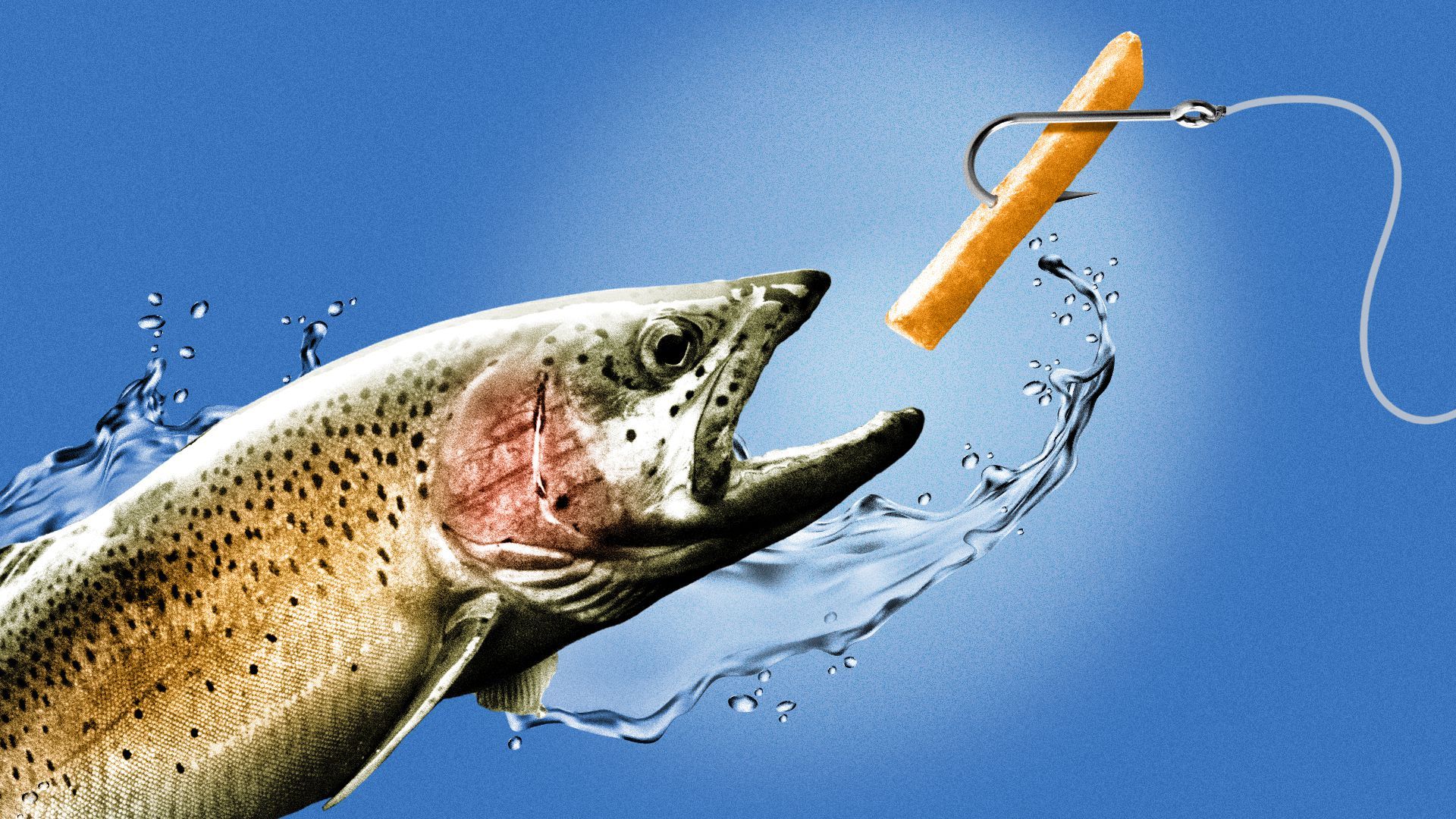 Illustration of a cutthroat trout leaping towards a french fry on a fishing hook.