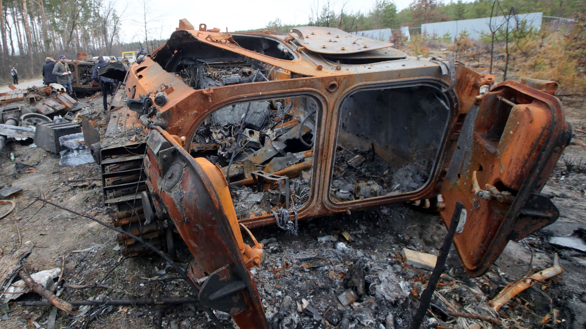 Destroyed military equipment of the Russian army is seen near the village of Dmytrivka, Bucha district, Kyiv Region, north-central Ukraine.