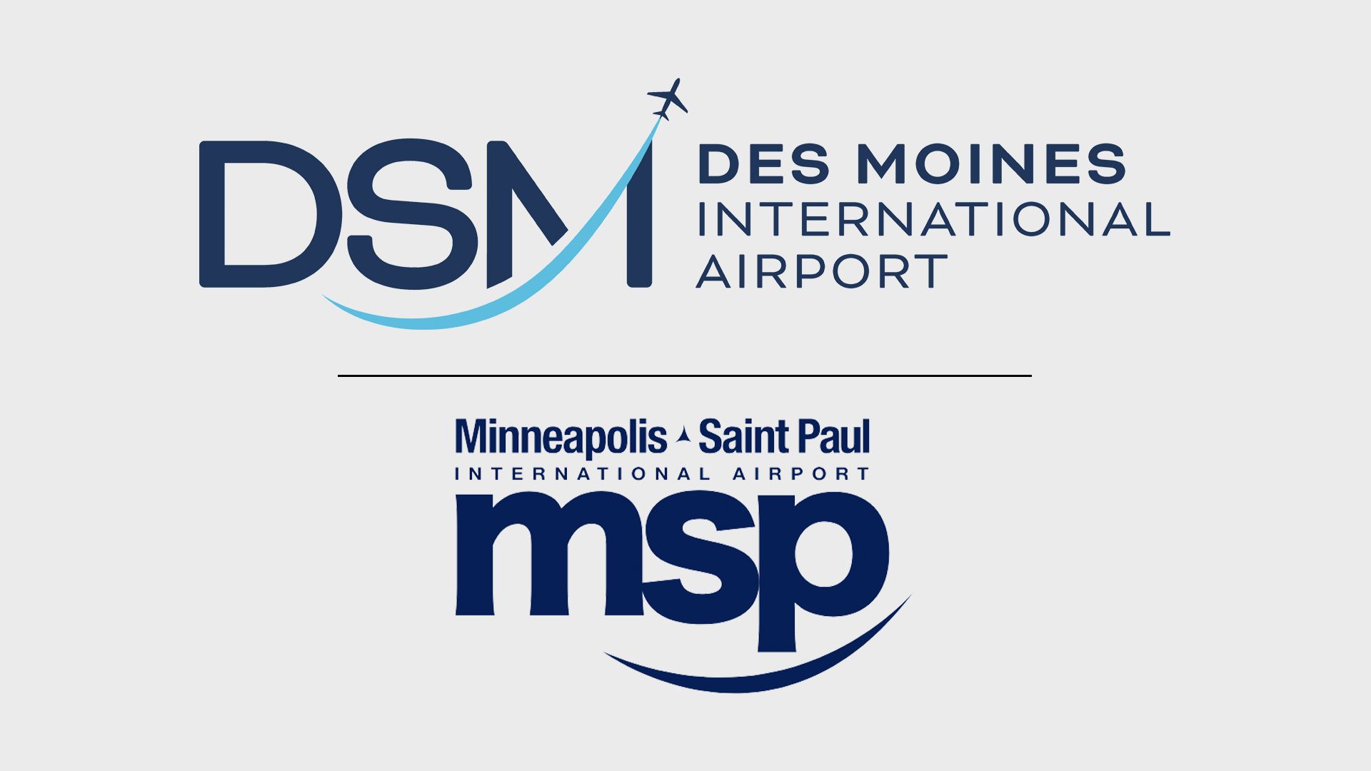 An illustration of Des Moines and Minneapolis-St. Paul airport logos.