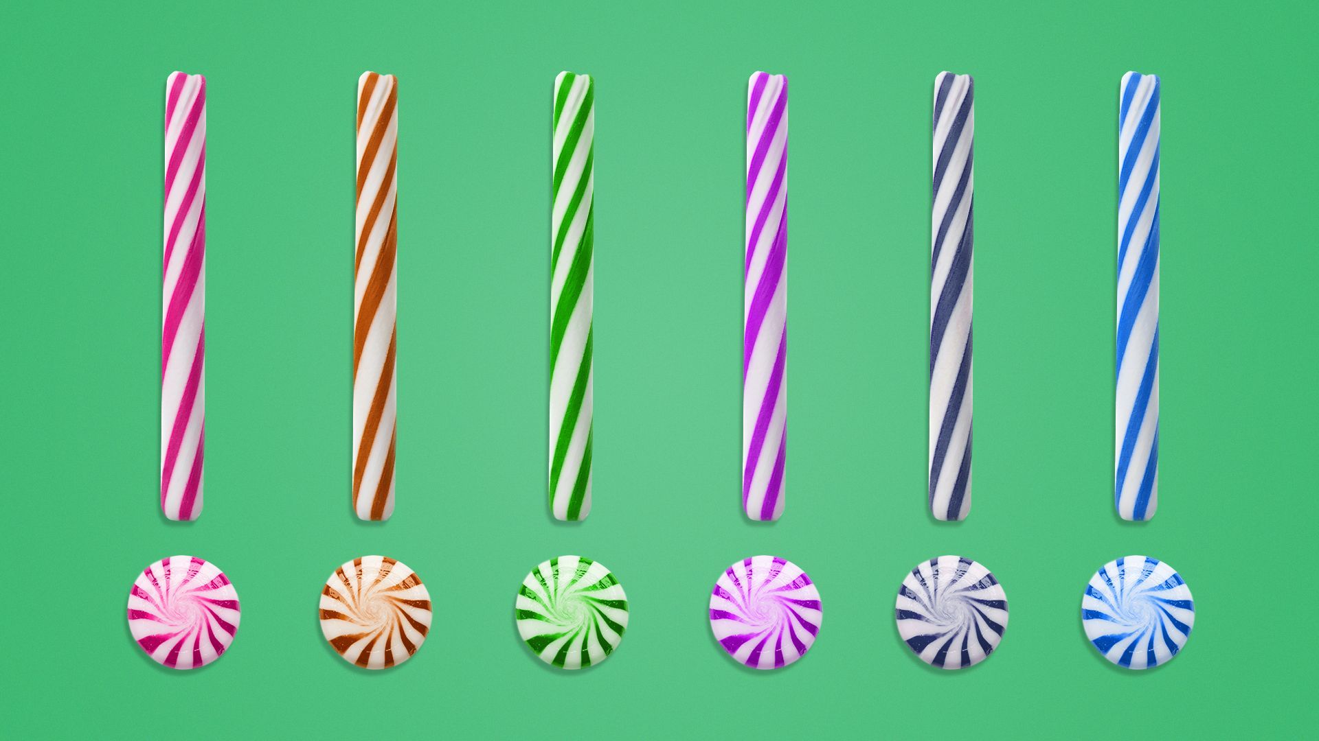 an illustration of candy canes and peppermint rounds in varying colors forming exclamation points