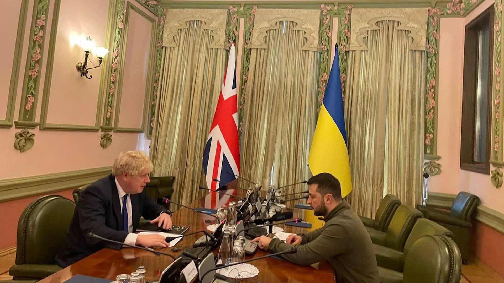 U.K. Prime Minister Boris Johnson meets with Ukrainian President Volodymyr Zelensky in Kyiv on Saturday. 