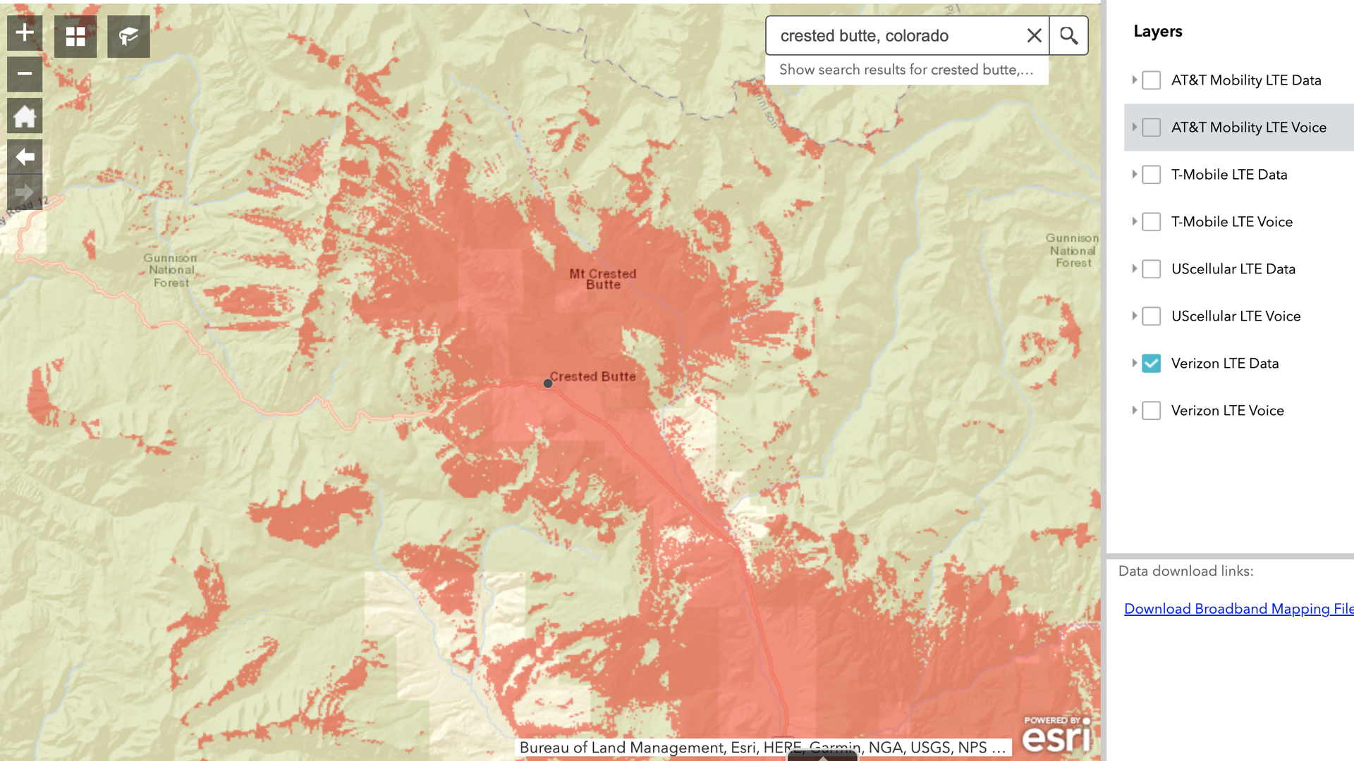 screenshot of FCC map showing mobile broadband availability in Crested Butte, Colorado