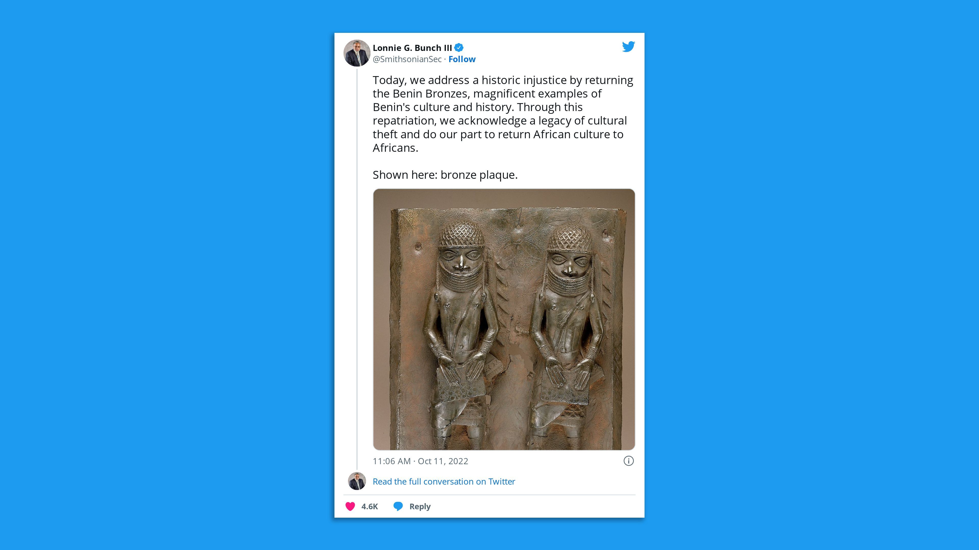 A screenshot of a tweet from a Smithsonian spokesperson showing some Benin bronzes that were repatriated to Nigeria.