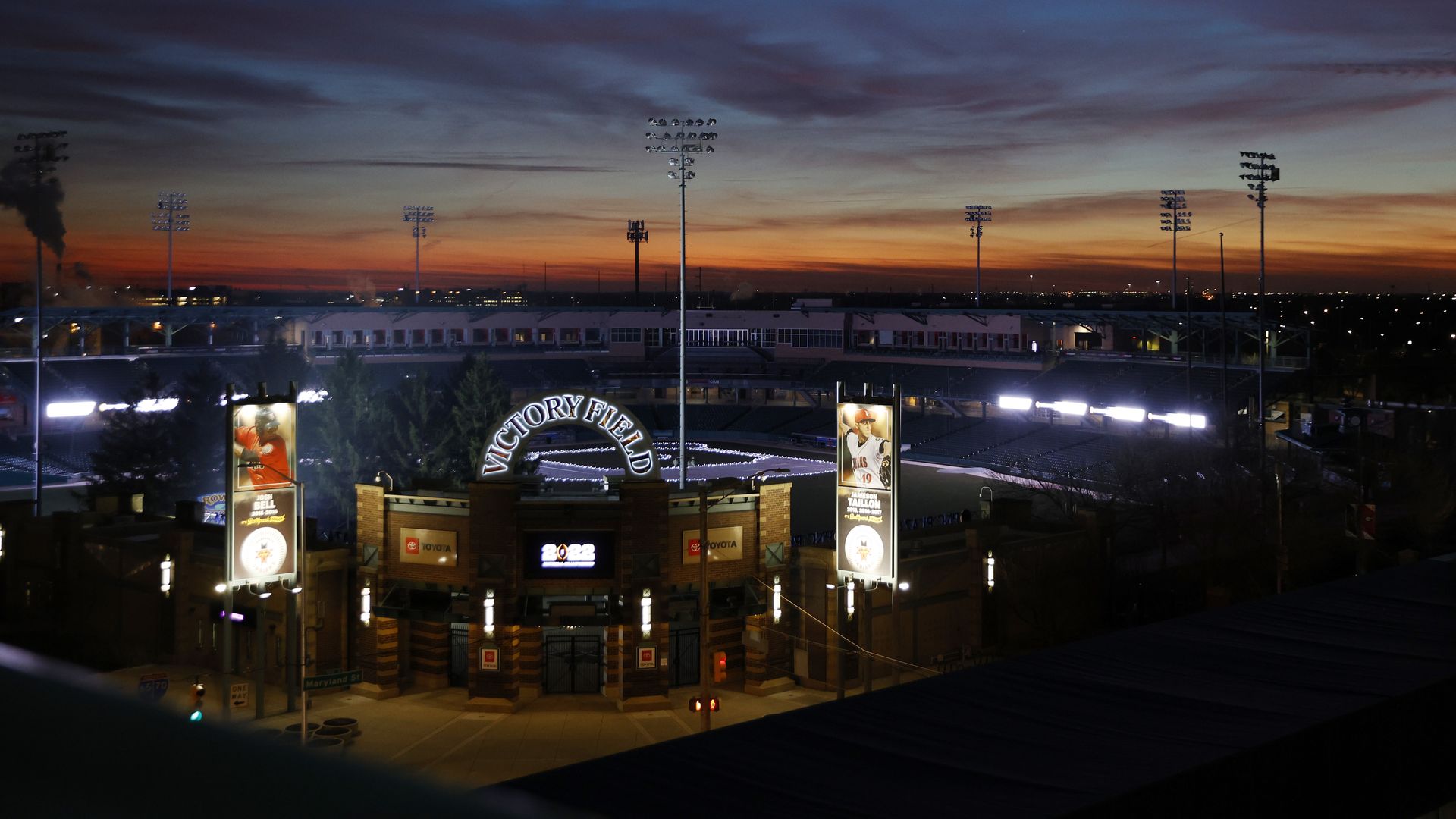 Victory Field in downtown Indianapolis at dusk.
