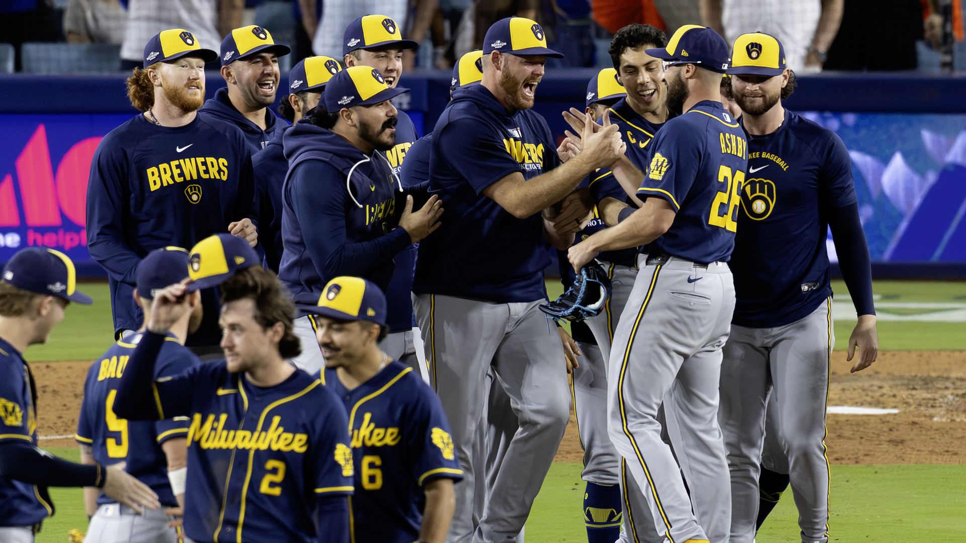 The Milwaukee Brewers celebrate after sweeping the Los Angeles Dodgers in the National League Championship Series.