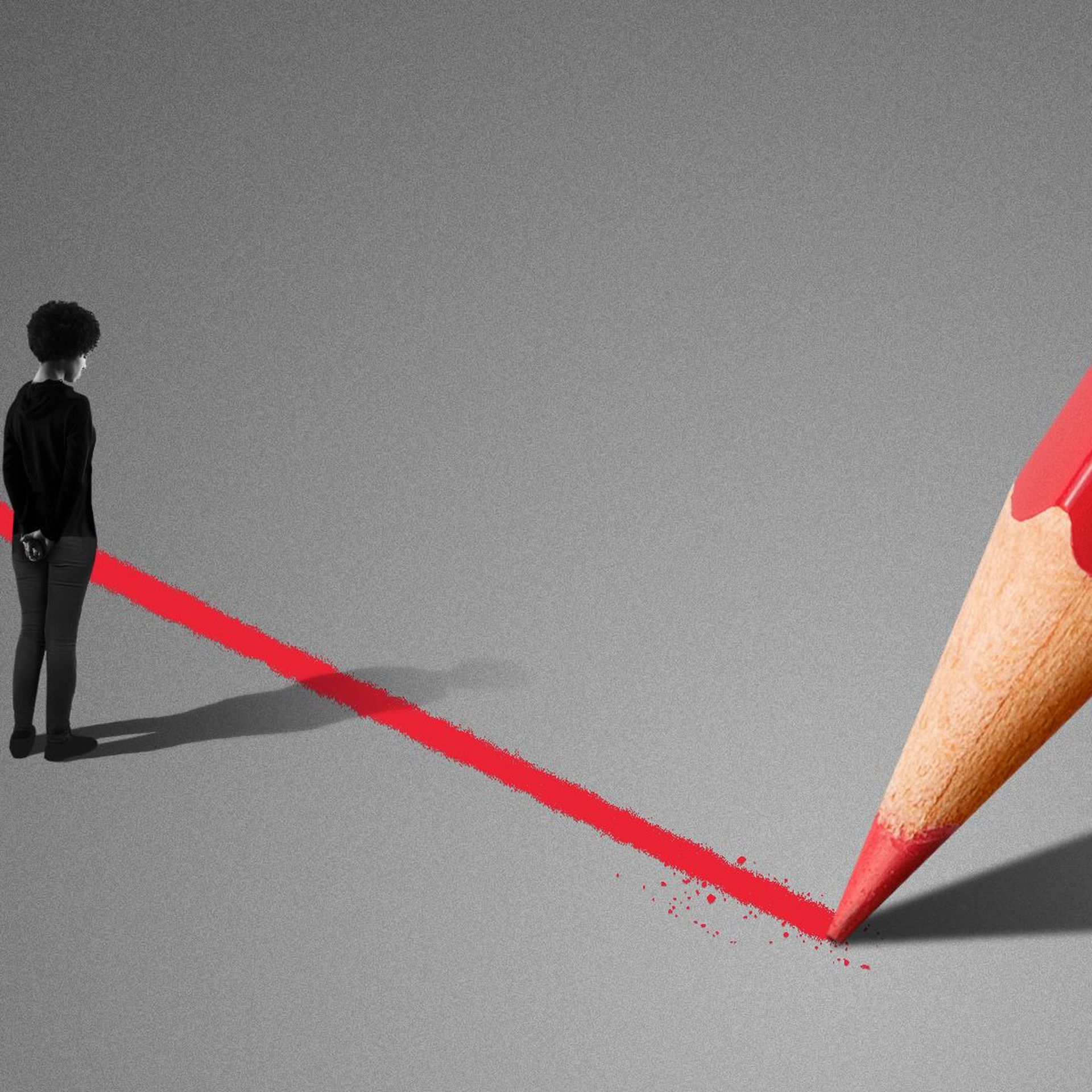 Illustration of a giant pencil drawing a line in front of a lone woman looking down at the line. 