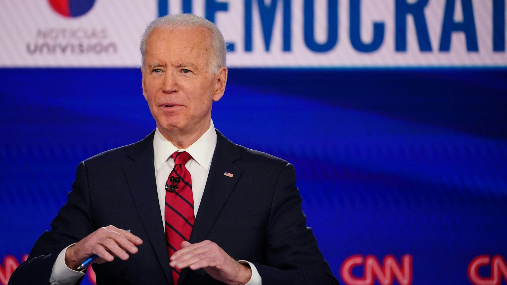 Democratic presidential hopeful Joe Biden in the presidential debate in a CNN Washington Bureau studio in Washington, DC on March 15