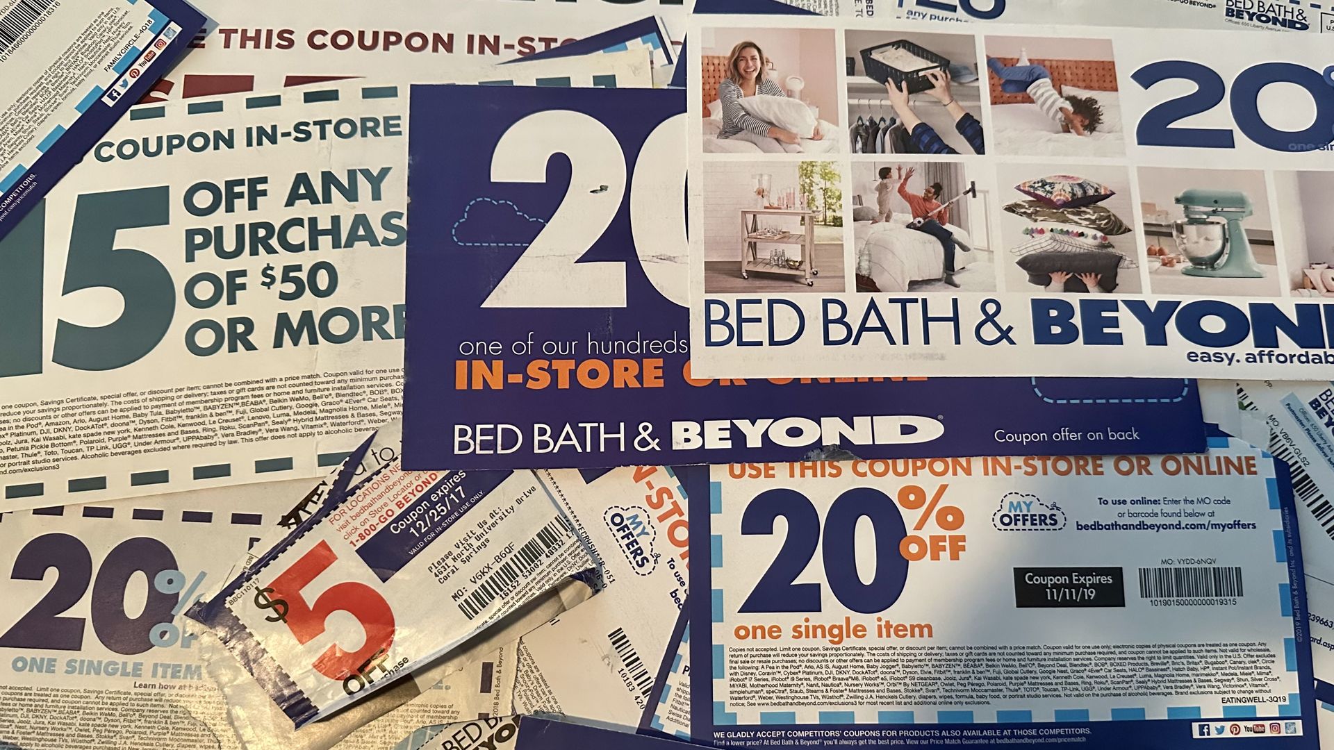 Different Bed Bath & Beyond coupons spread out