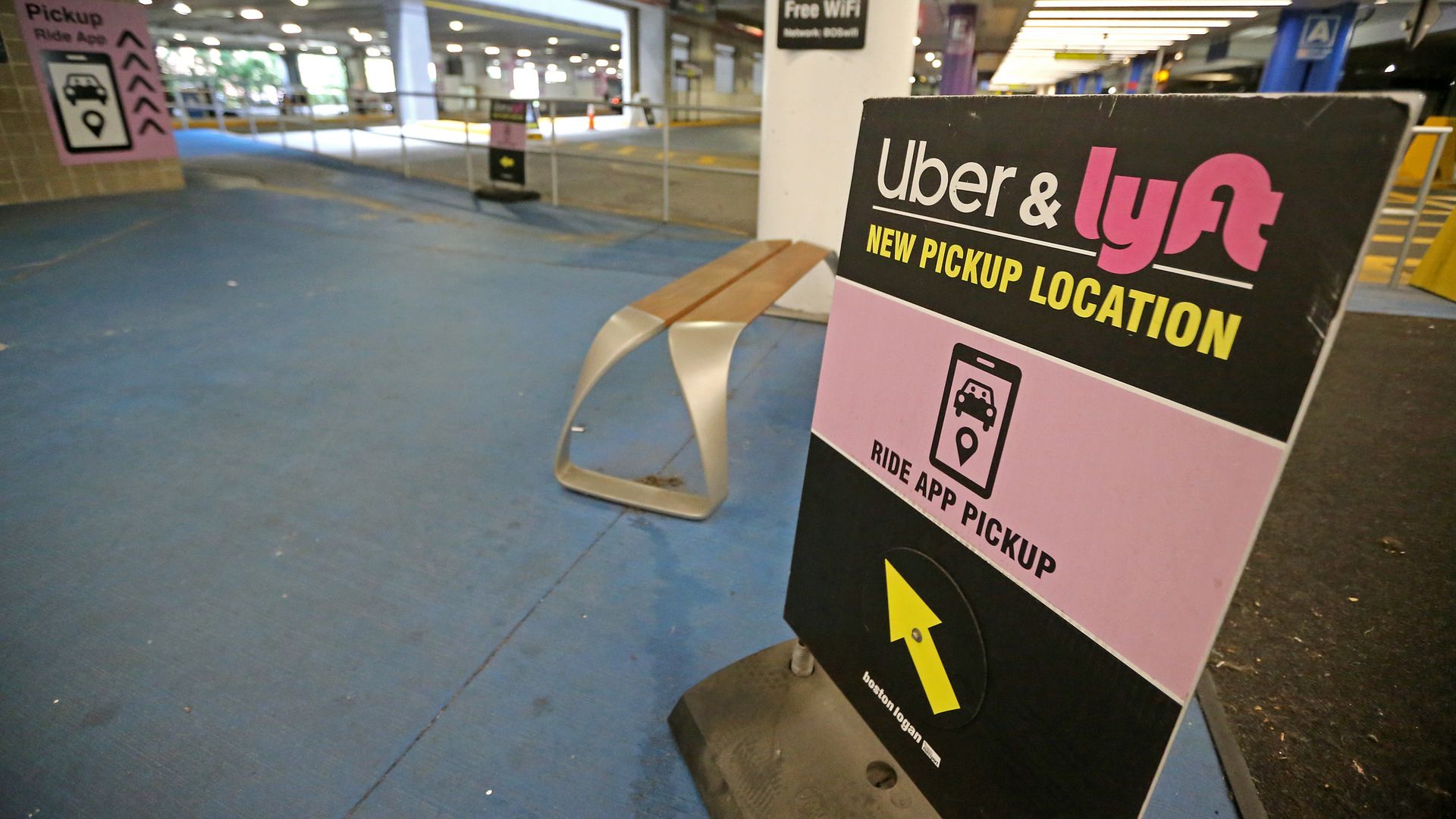 The Uber and Lyft pick up and drop off areas at Logan Int. Airport on August 17, 2021 in , Boston, MA.