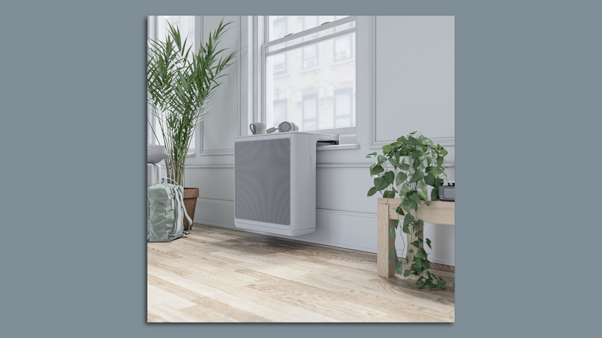 Gradient's heat pump is a saddle bag design that goes inside a window without obscuring it.