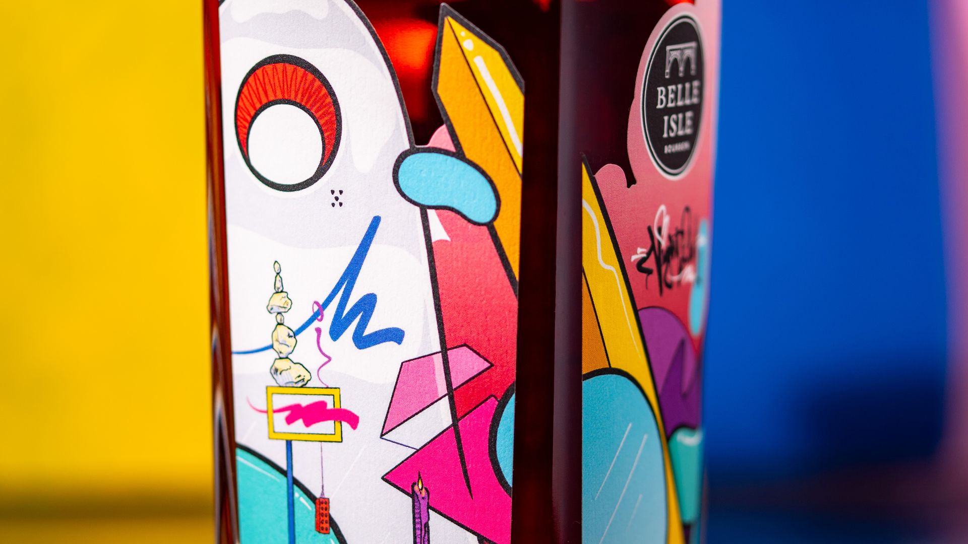A colorful label on a bottle of bourbon
