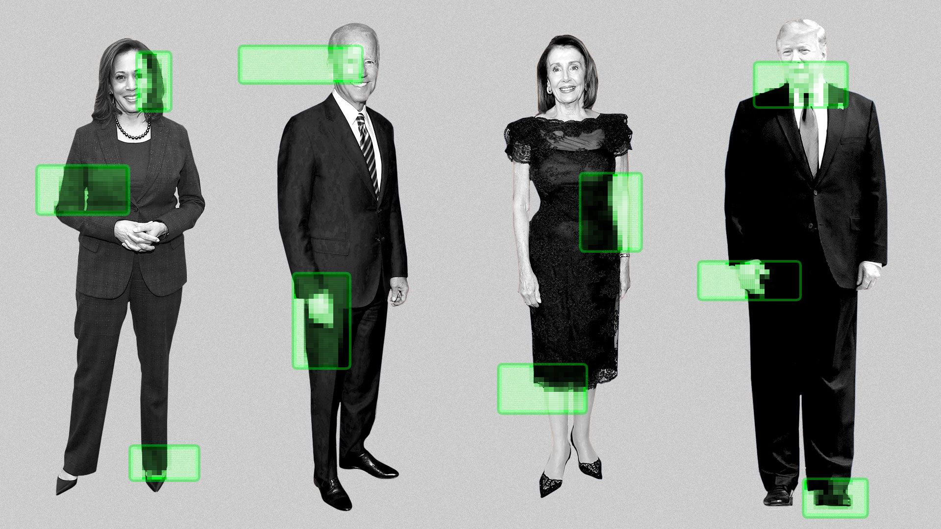 Illustration of Kamala Harris, Joe Biden, Nancy Pelosi and President Trump with various areas highlighted with scan lines and a pixel pattern.