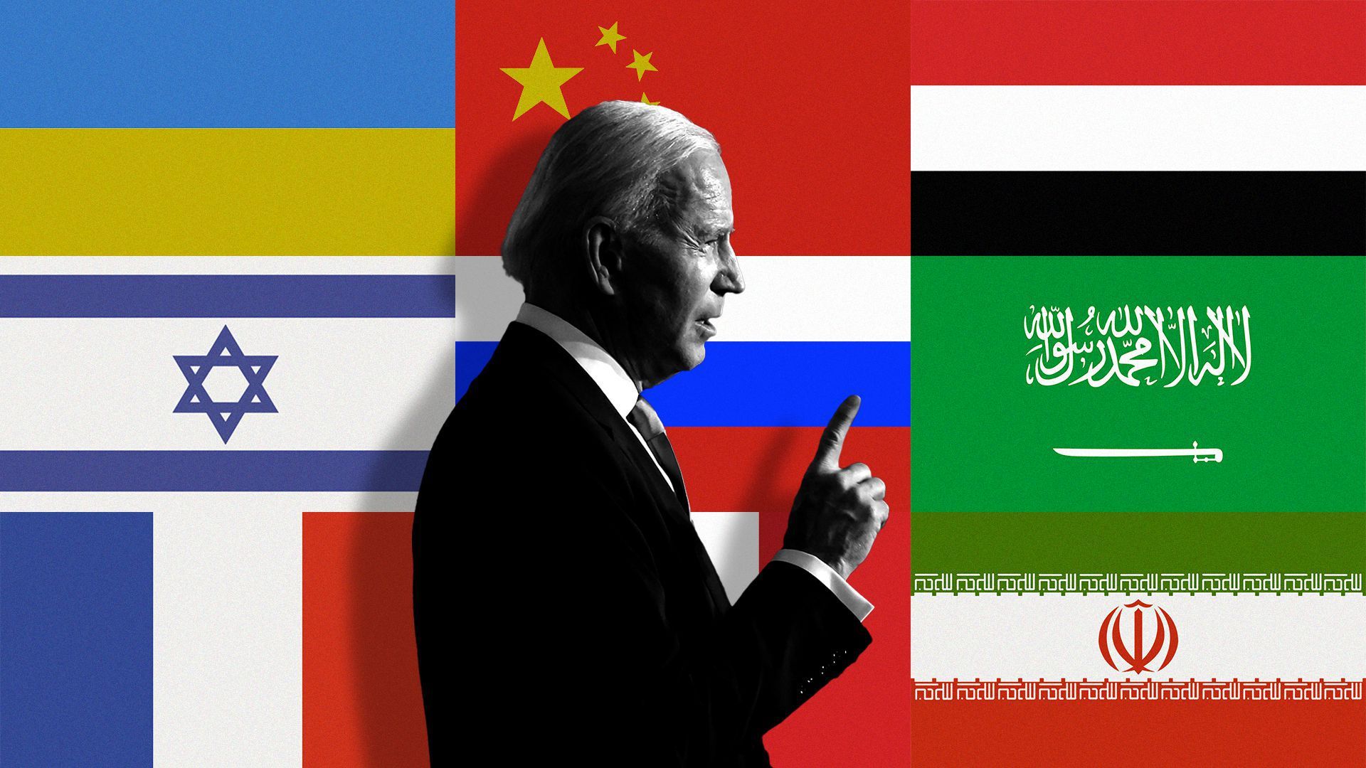 Joe Biden is seen against a backdrop of International flags.