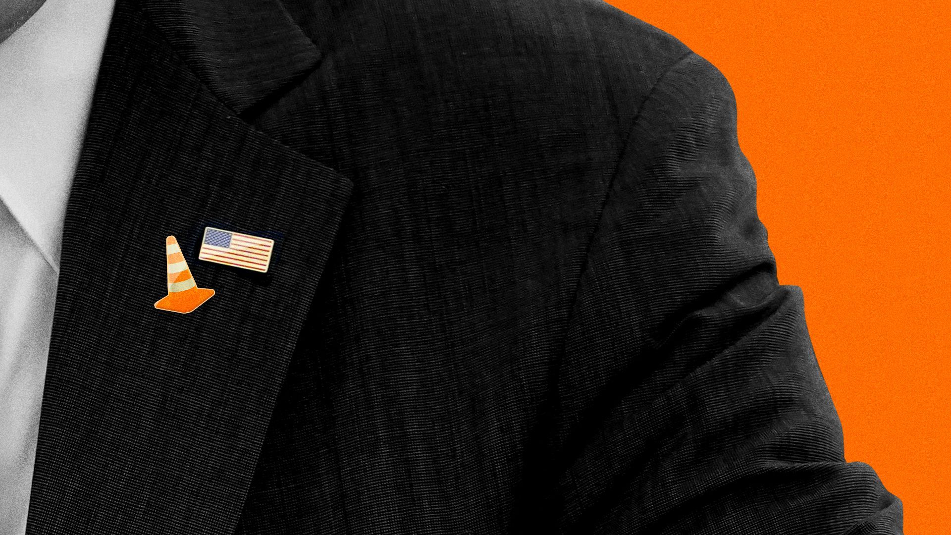 Photo illustration of Joe Biden with a construction cone pin on his collar.