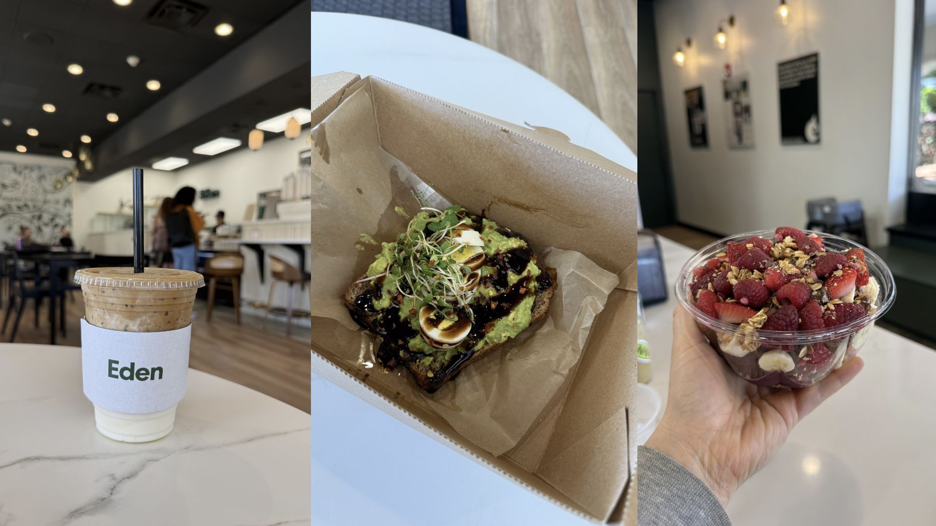 Three-panel cafe image: left shows iced coffee in a plastic cup labeled Eden; middle shows avocado toast with sprouts in a brown box; right shows a hand holding a berry and granola yogurt cup.