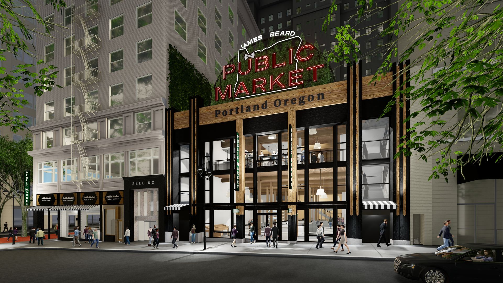 A vibrant urban street scene featuring a modern market building with a large neon sign reading "PUBLIC MARKET" and a wooden entry that says Portland Oregon; people walk beneath leafy trees.