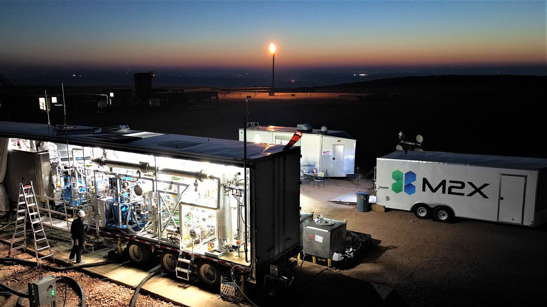 A semi truck trailer that holds a machine that can convert methane into methanol