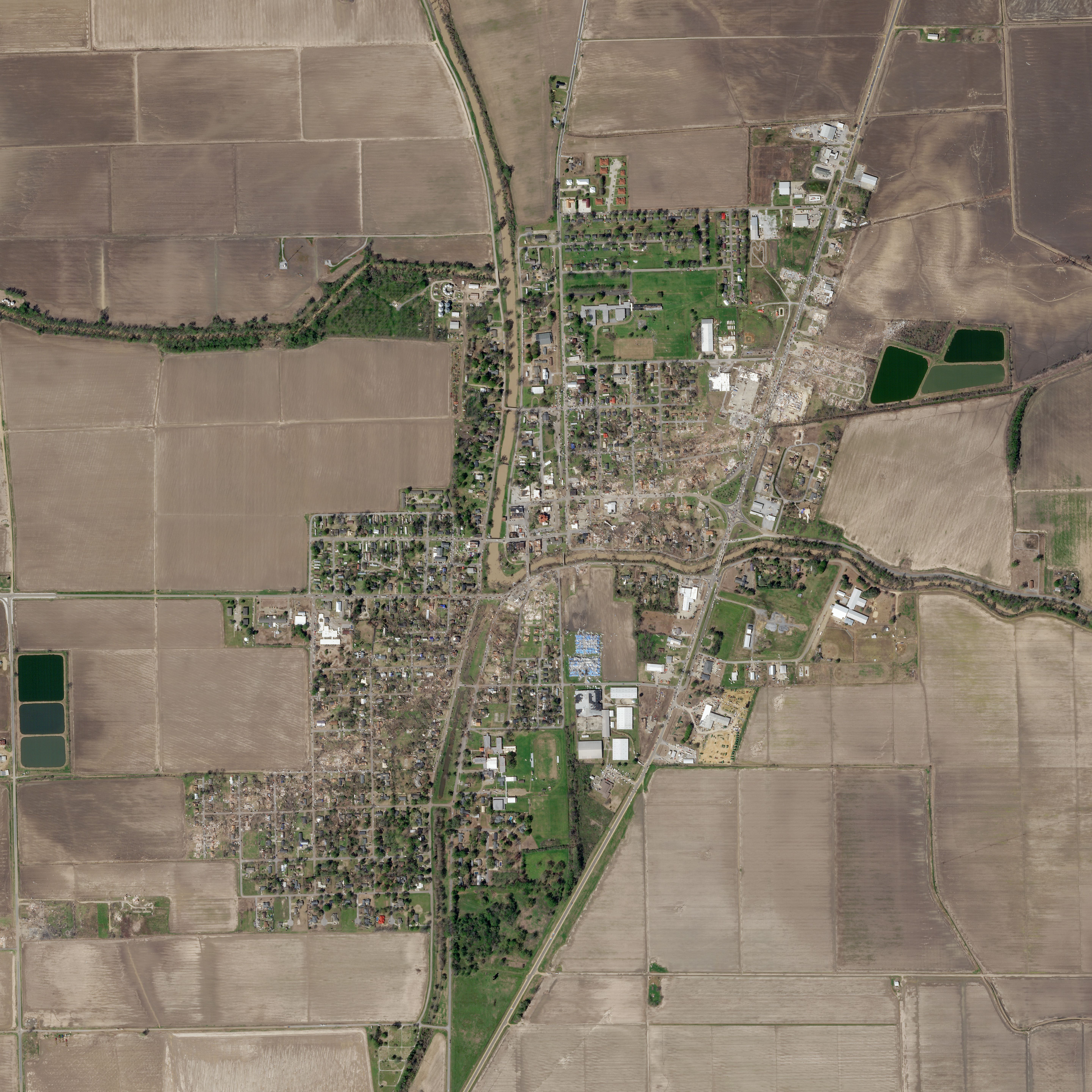 Aerial view of Rolling Fork, Mississippi after tornado damage.