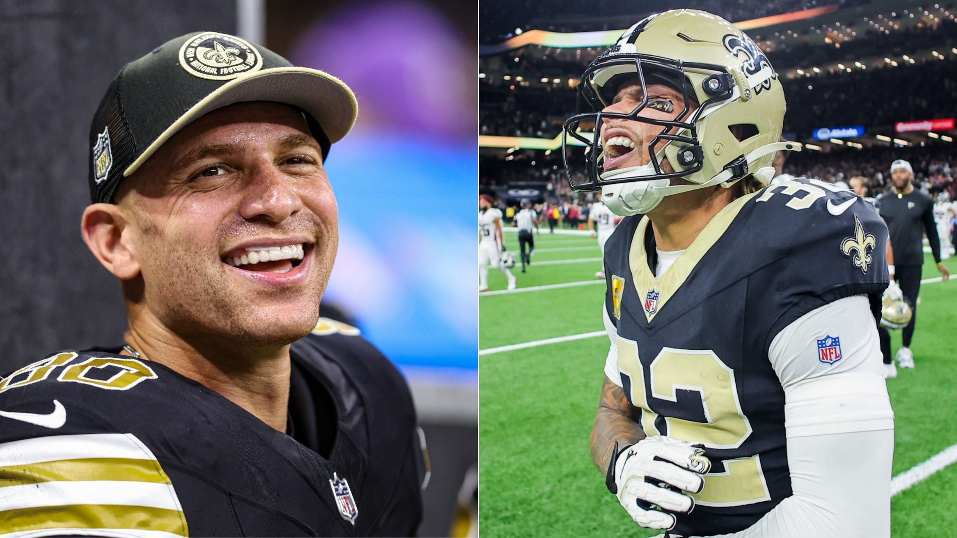 Two images of smiling football players in black and gold New Orleans Saints uniforms, one wearing a cap and the other a helmet, on a football field with stadium lights.