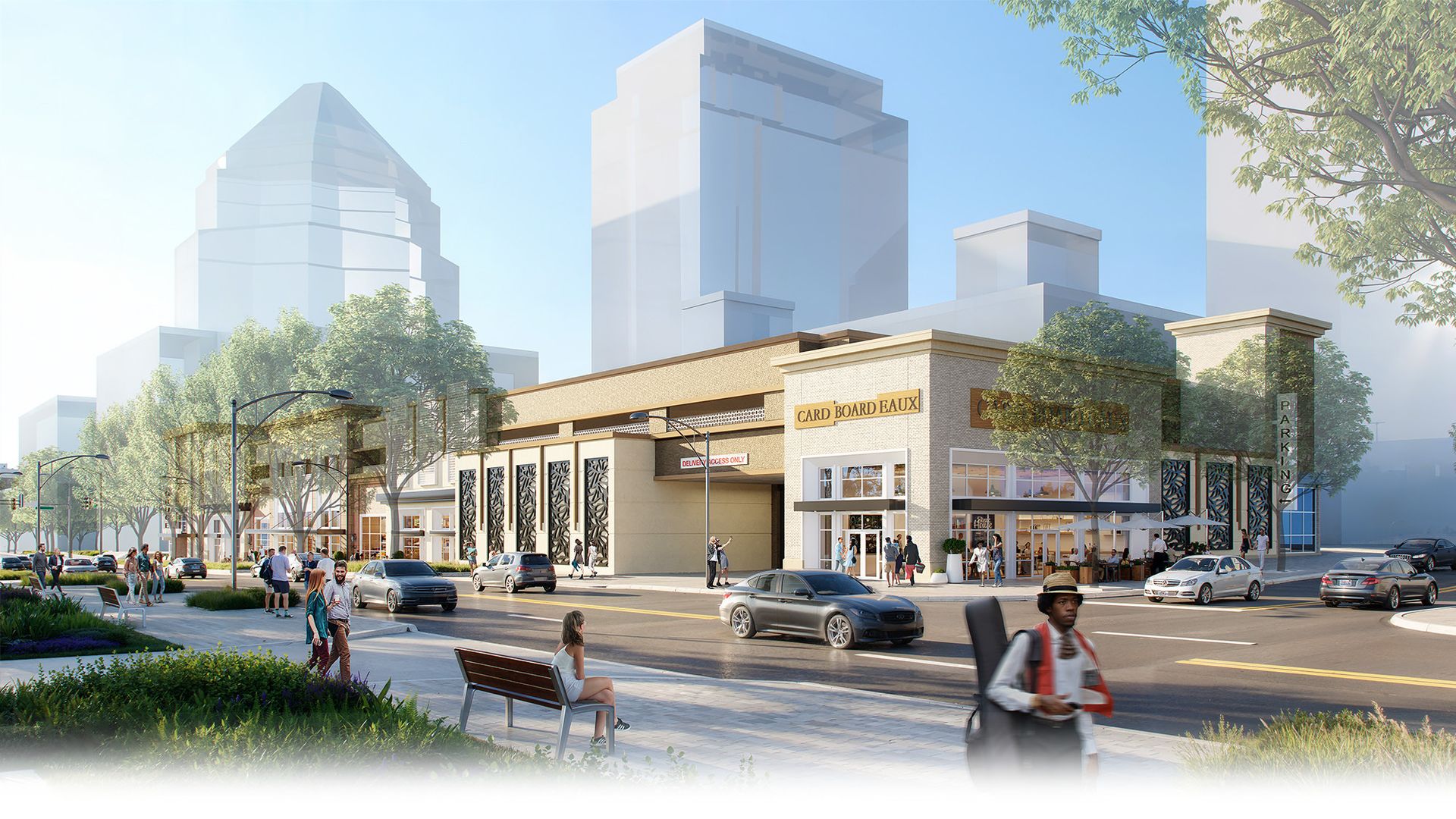 Urban street scene with people walking and sitting near a modern beige building labeled CARD BOARD EAUX, cars driving, trees, and tall translucent skyscrapers in the background under blue sky.
