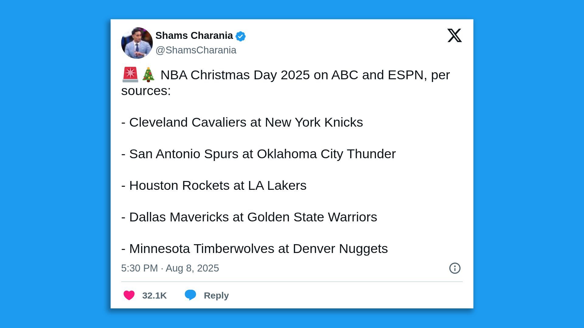 Image of tweet from Shams Charania with NBA matchups, Christmas 2025