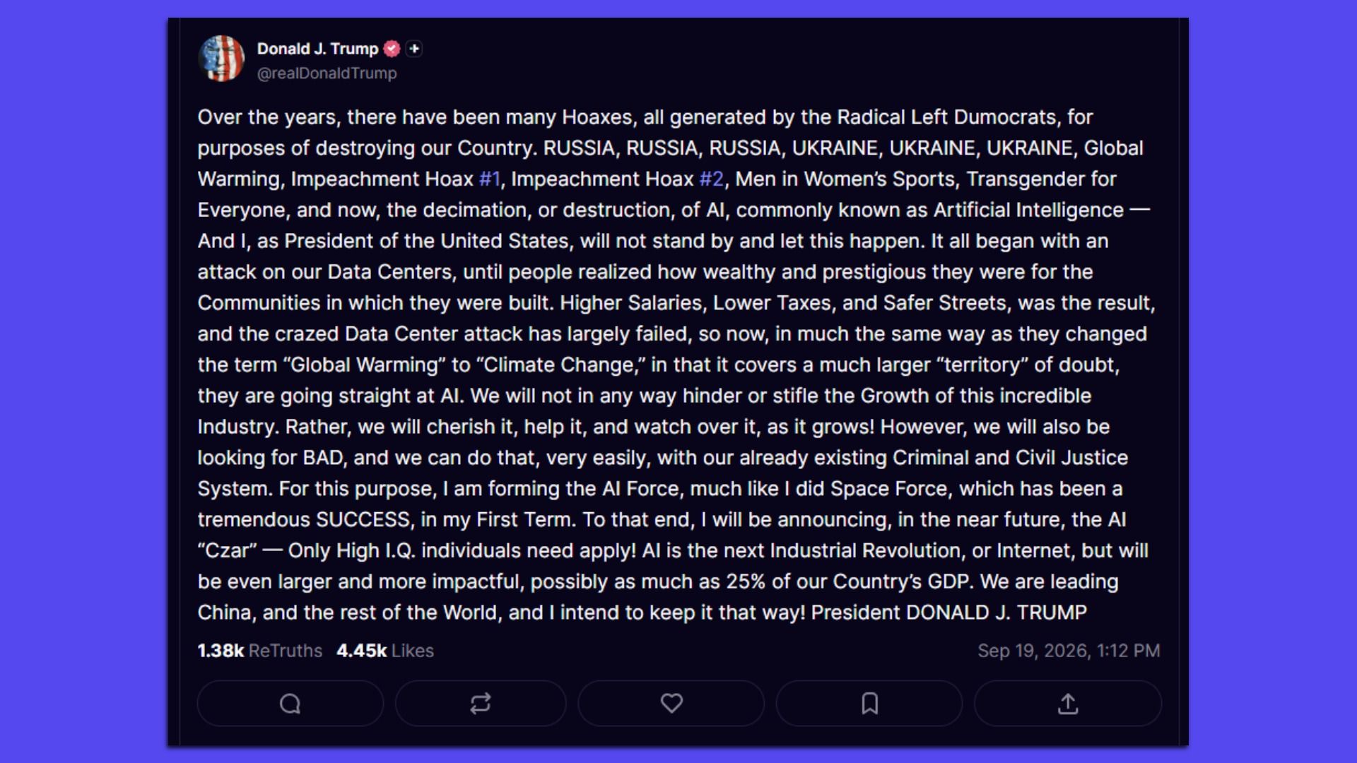 Screenshot of a long Sept. 19 Truth Social post from Trump announcing plans to form an “AI Force” and appoint an AI “czar.”