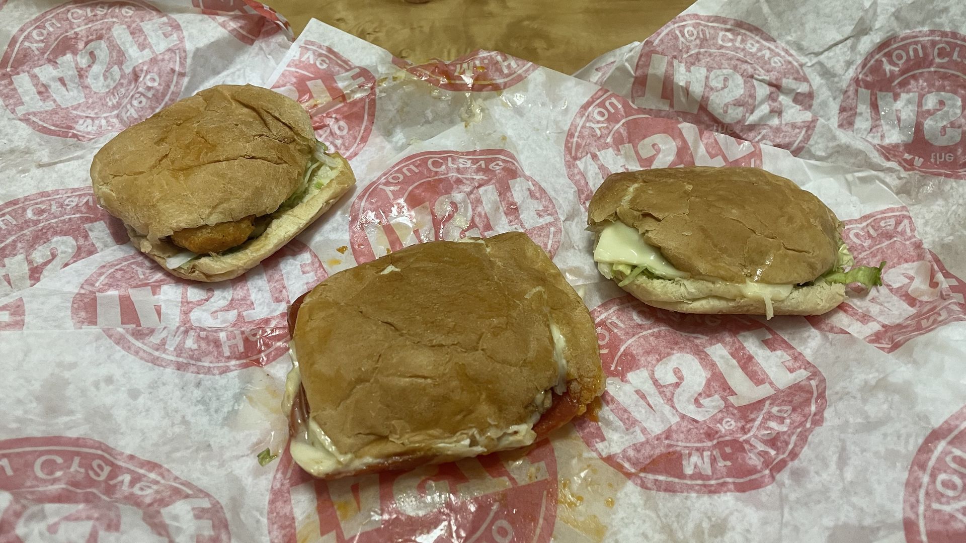 Three burgers in bad shape