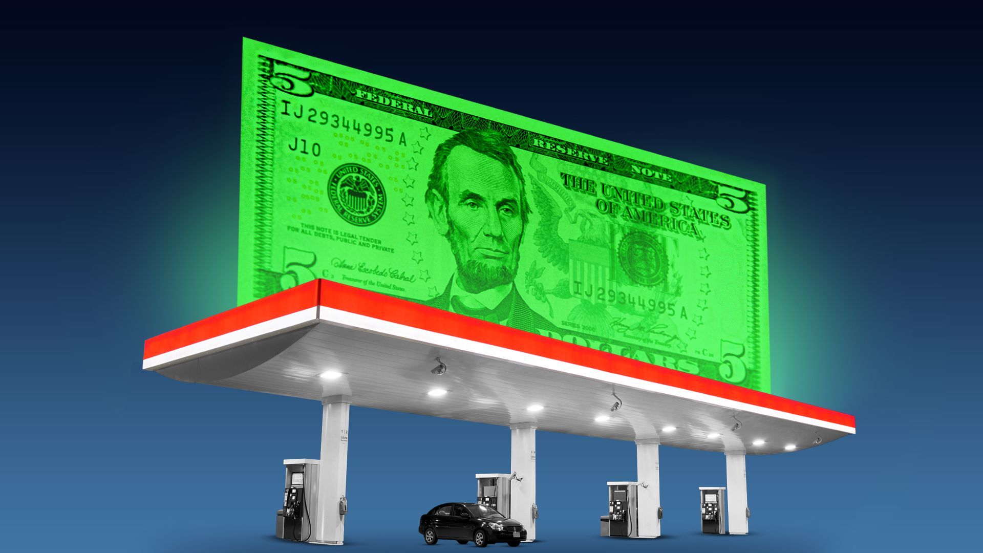 Illustration of a giant five dollar bill glowing atop gas station pumps